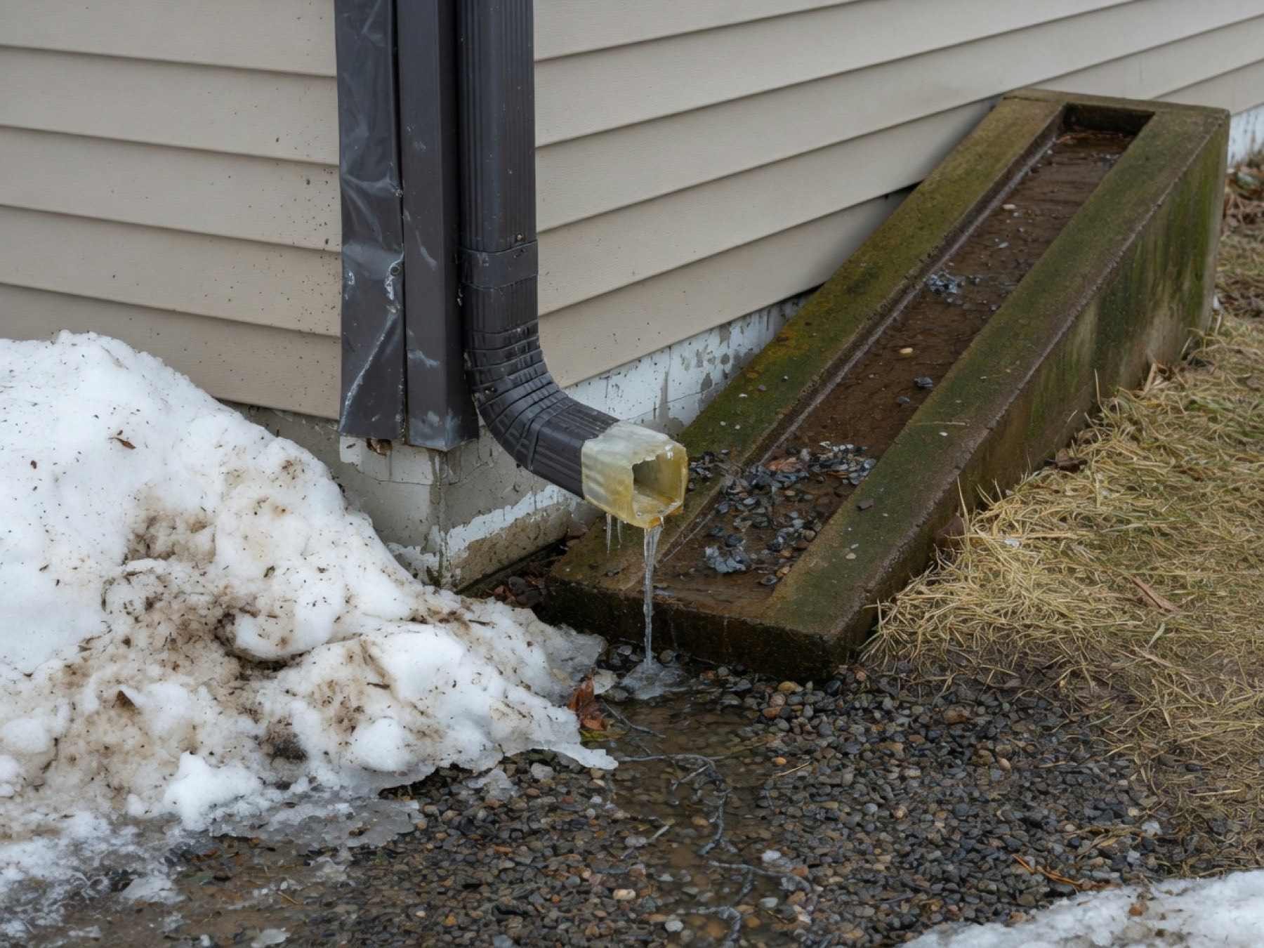 Dark aluminum downspout discharging meltwater onto a splash area next to snow and a foundation