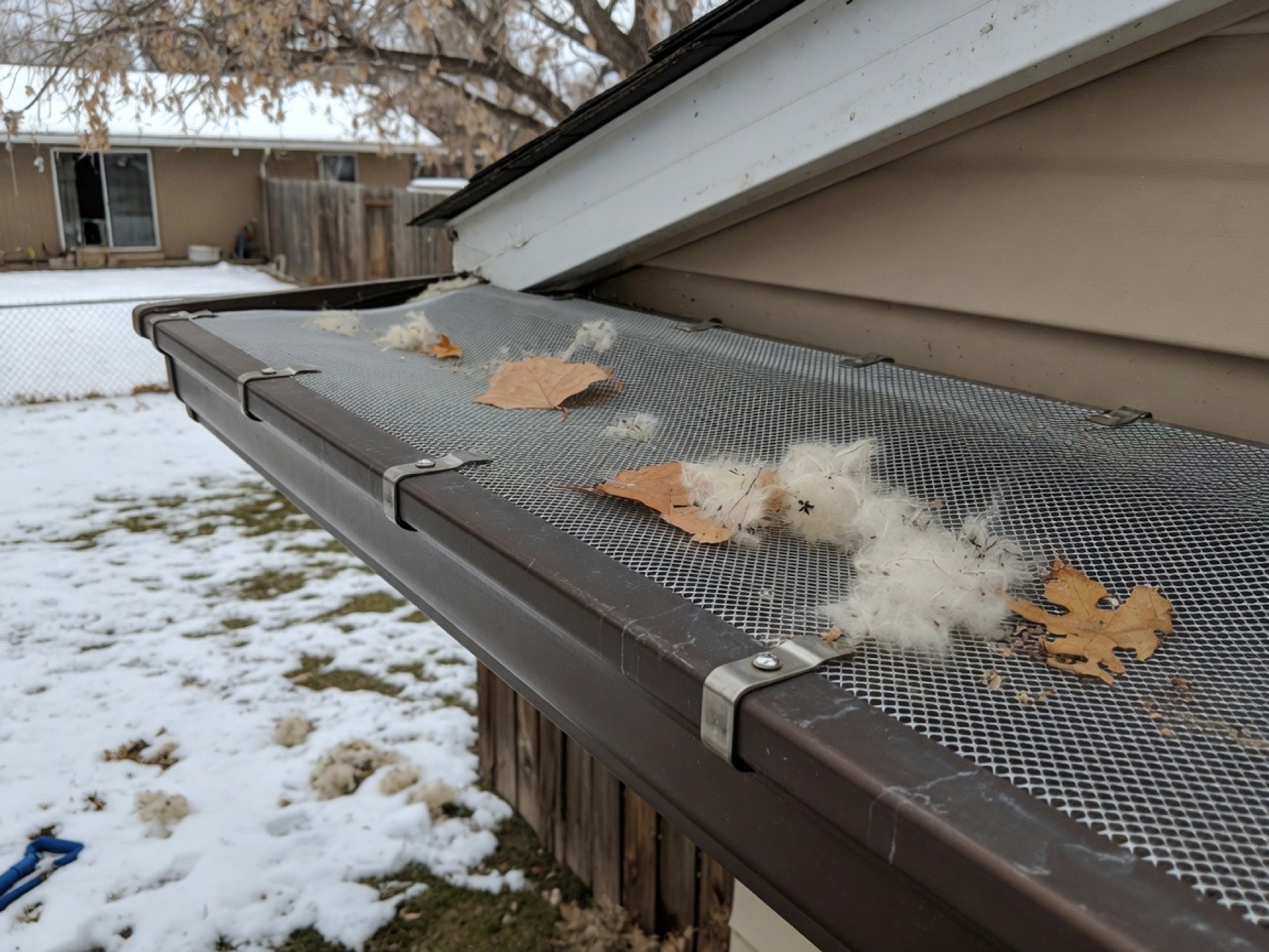 Micro-mesh gutter guard with cottonwood seed and dry leaves on top