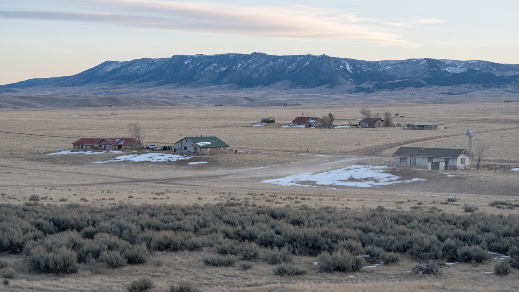 High plains ranch country and a mountain ridge west of Casper, Wyoming